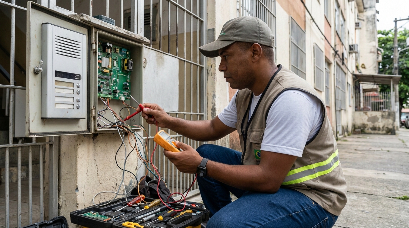 Eletricista consertando interfone em Bauru‑SP