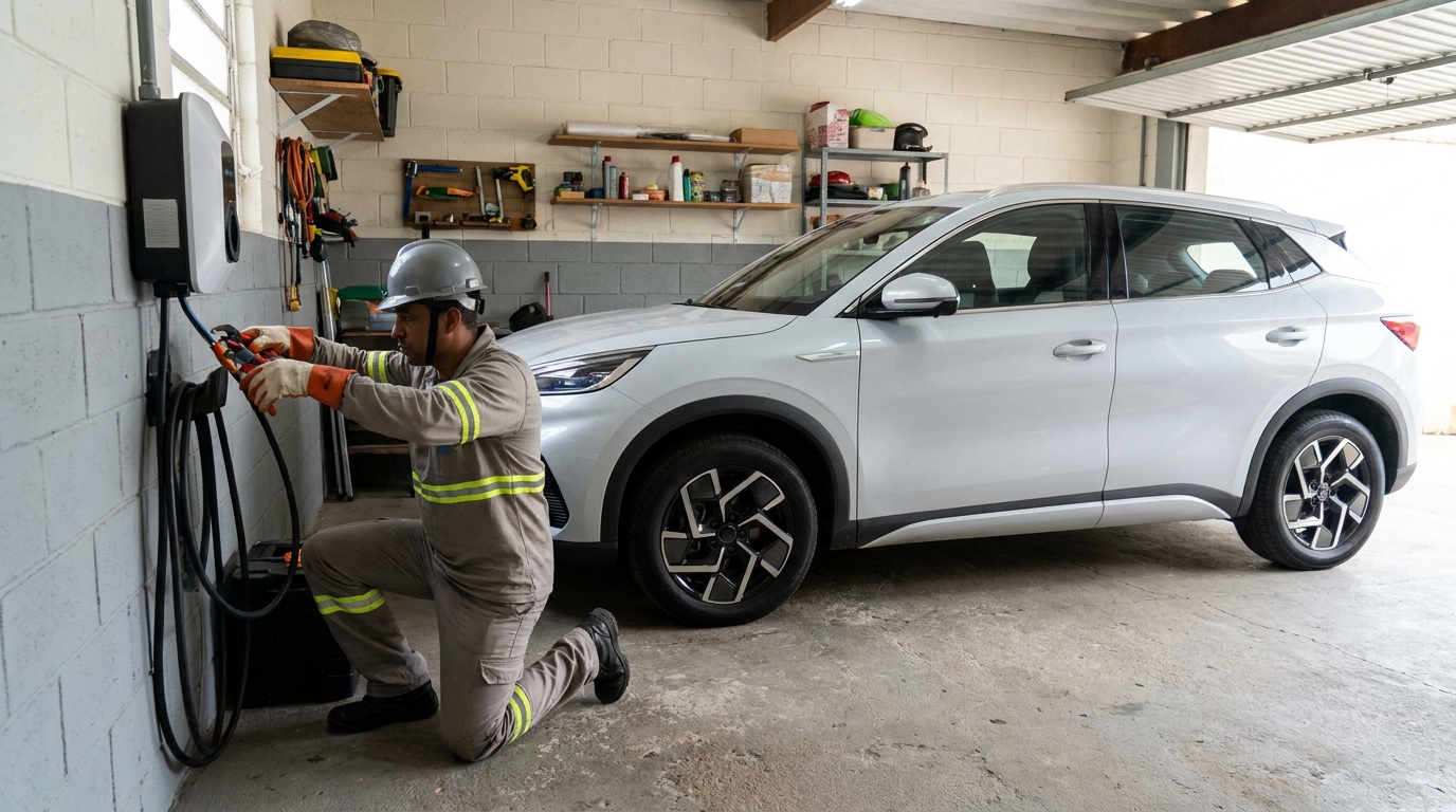 Eletricista instalando carregador de carro eletrico em Bauru‑SP