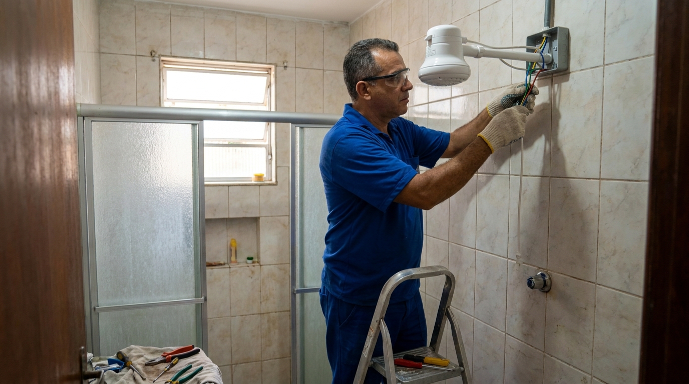 Eletricista instalando chuveiro eletrico em Bauru‑SP