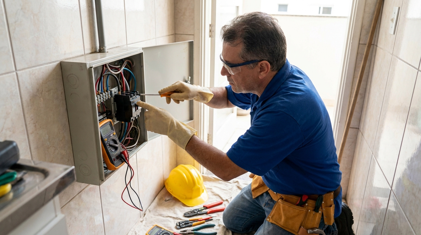 Eletricista instalando disjuntor em Bauru‑SP