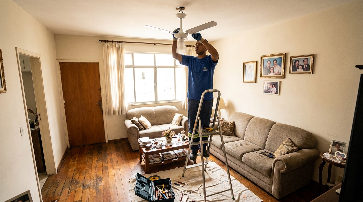 Eletricista instalando ventilador de teto em Bauru‑SP